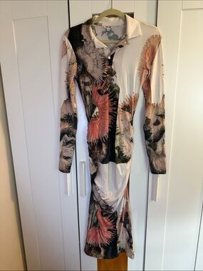 Long Sleeve Floral Print Polo Dress - Cream & Black
